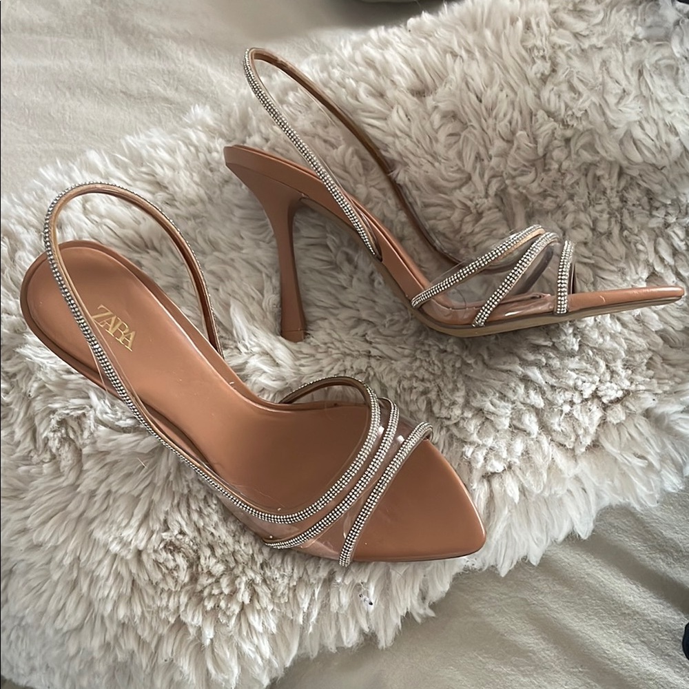 Zara Tan Strappy Heels with Silver Accents
